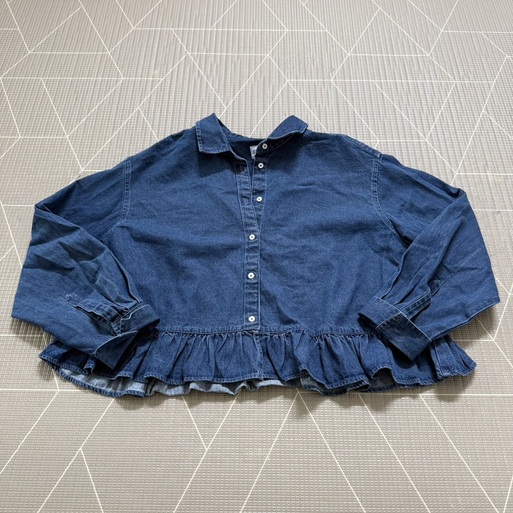 GAP Relaxed Cropped Poplin Peplum Denim Blouse L Blue Cotton Cottagecore
